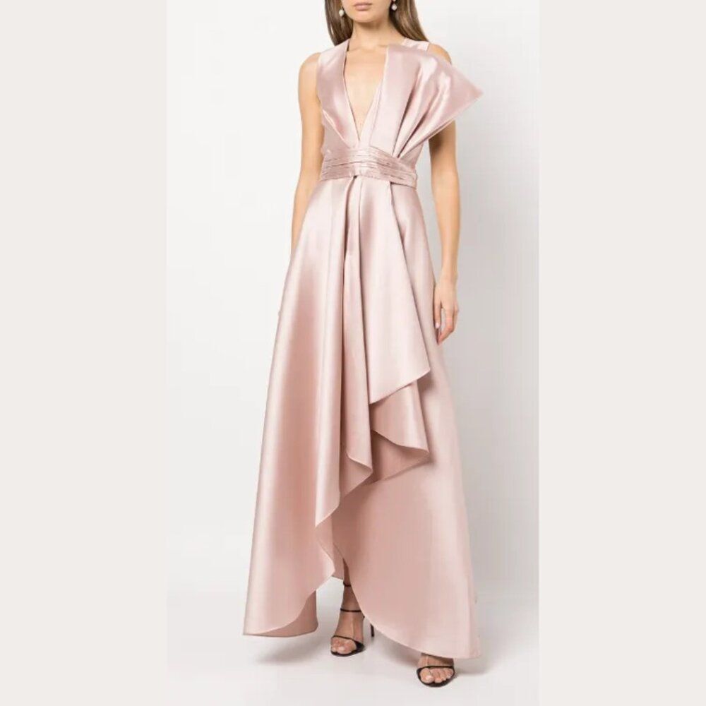 Sachin & Babi Size 4 Jenna Silver Peony Light Pink Bow High Low Maxi Gown Dress - Picture 2 of 3